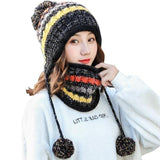 Women Warm Casual Stripe Pom Pom Beanie