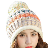 Women Warm Casual Stripe Pom Pom Beanie