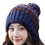 Women Warm Casual Stripe Pom Pom Beanie